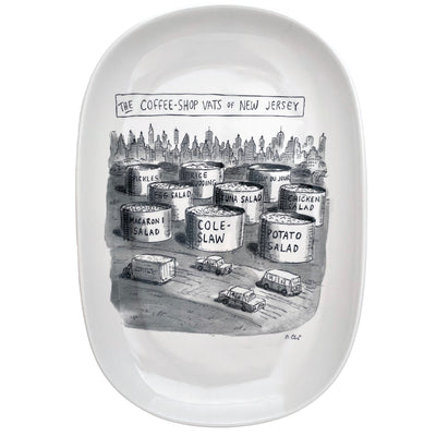 One of Roz Chast's most memorable cartoons on a 13" x 9" melamine serving dish.  If you have ever wondered what is in the giant tanks as you drive through New Jersey...now you know. 