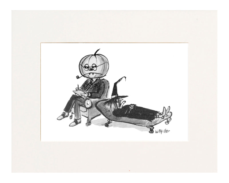 (Pumpkin psychiatrist treats a witch who is lying on a couch.)