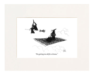 "I'm getting too old for a broom."_x000D_(One witch riding a magic carpet to another riding a broom.)