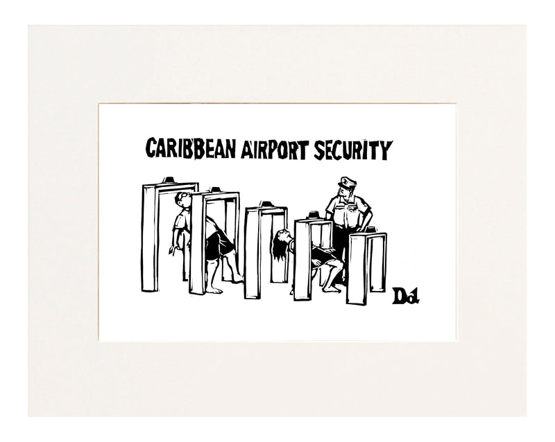 Caribbean Airport Security (Man and woman at airport do the limbo through security metal detectors.)