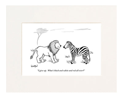 "I give up. What's black and white and red all over?" (Zebra thinks the lion is telling a joke but he is going to be eaten.)