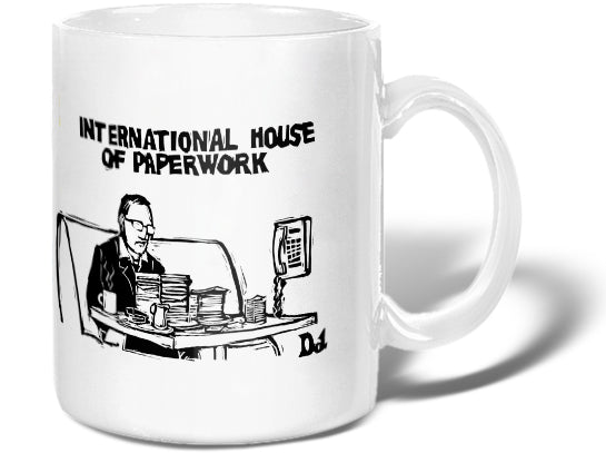  "International House of Paperwork" (A man sits at a restaurant table.  Plates hold stacks of paper, a telephone substitutes for a tableside jukebox, and a stapler is next to the coffee mug.  Mocks the International House of Pancakes (IHoP) restaurant chain.)