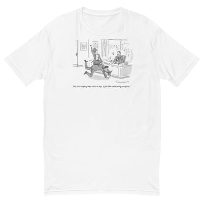 "Ok, let's wrap up and call it a day. I feel like we're losing our focus." (Woman riding man like a bull in an office while a third man at a desk watches.) t-shirt