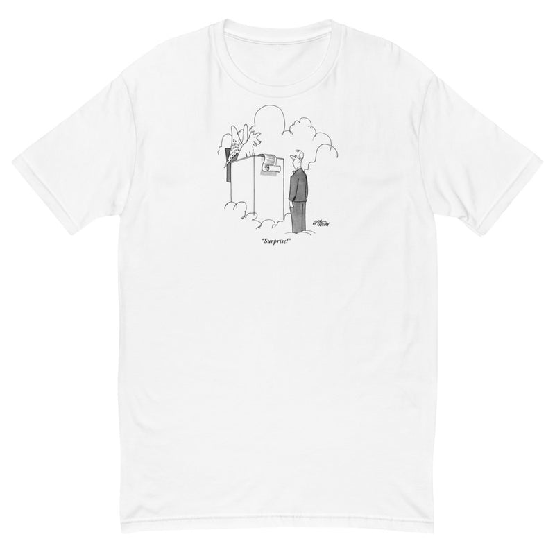 "Surprise!" (Dog angel, sitting like St. Peter at the gate of heaven, greets man in suit.) t-shirt