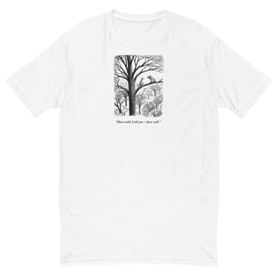"Sheer will, I tell you - sheer will." (Dog and cat sitting on a tree limb.) t-shirt